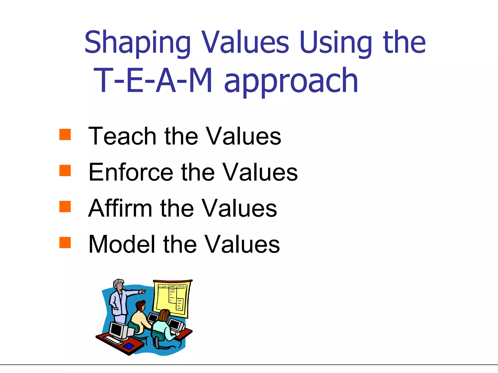 Shaping Values Using the   T-E-A-M approach  Teach the Values  Enforce the Values  Affirm the Values Model the Values 