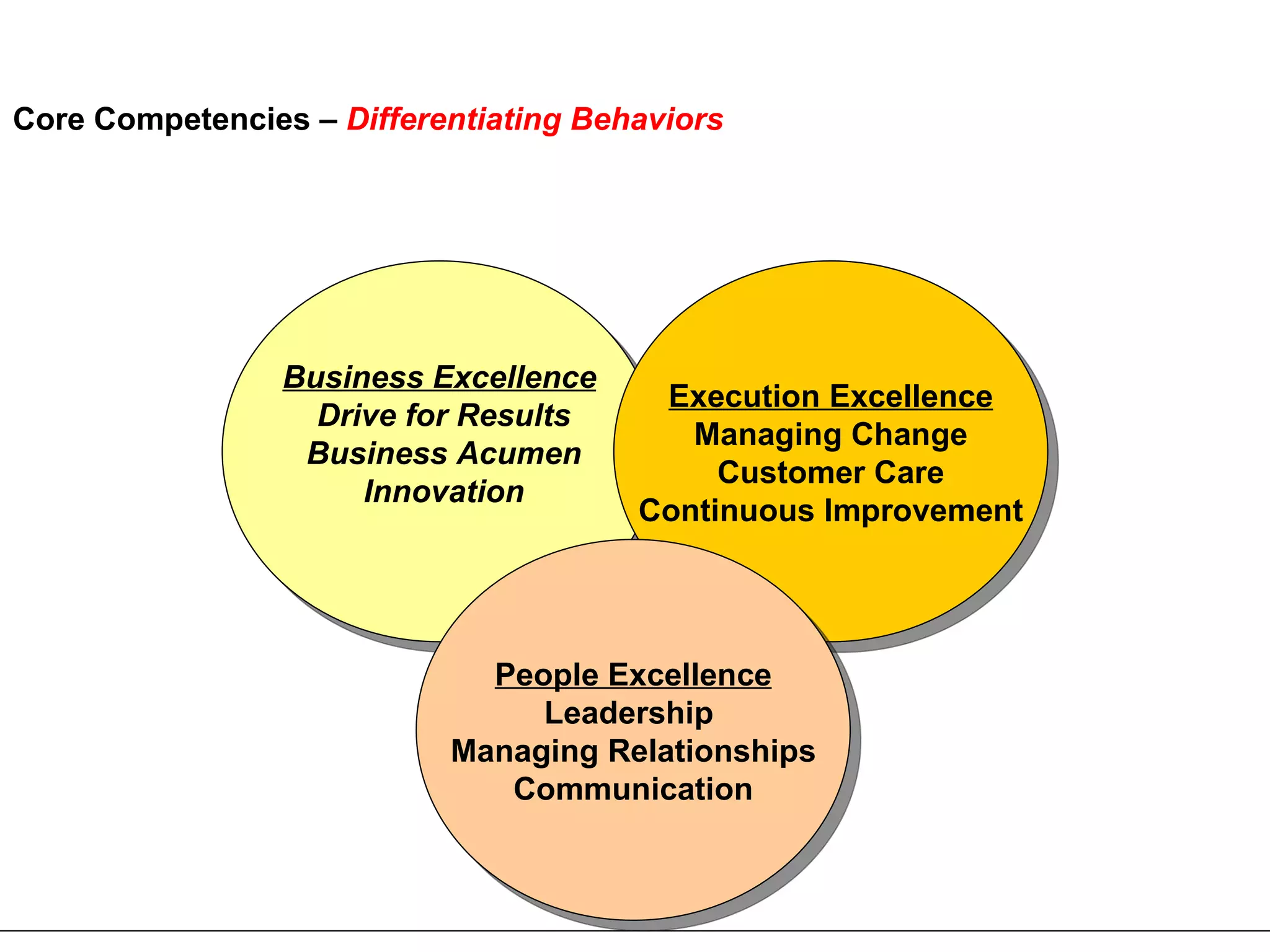 Core Competencies –  Differentiating Behaviors  Business Excellence Drive for Results Business Acumen Innovation Execution Excellence Managing Change Customer Care Continuous Improvement People Excellence Leadership  Managing Relationships Communication 