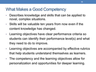 11



What Makes a Good Competency
• Describes knowledge and skills that can be applied to
  novel, complex situations.
• Skills will be valuable ten years from now even if the
  content knowledge has changed.
• Learning objectives have clear performance criteria so
  students can identify their performance level(s) and what
  they need to do to improve.
• Learning objectives are accompanied by effective rubrics
  that help students understand themselves as learners.
• The competency and the learning objectives allow for
  personalization and opportunities for deeper learning.
 
