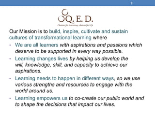 9




Our Mission is to build, inspire, cultivate and sustain
cultures of transformational learning where
• We are all learners with aspirations and passions which
  deserve to be supported in every way possible.
• Learning changes lives by helping us develop the
  will, knowledge, skill, and capacity to achieve our
  aspirations.
• Learning needs to happen in different ways, so we use
  various strengths and resources to engage with the
  world around us.
• Learning empowers us to co-create our public world and
  to shape the decisions that impact our lives.
 