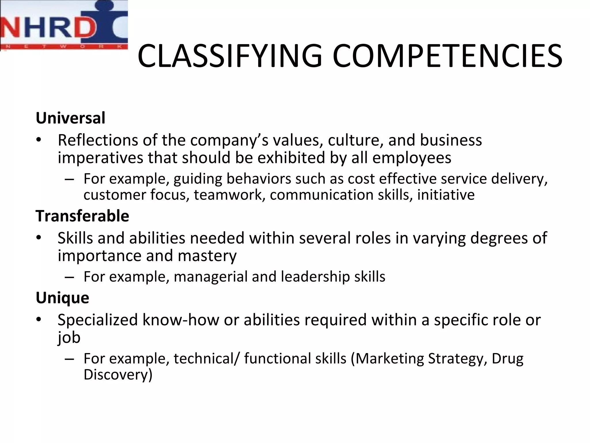 CLASSIFYING COMPETENCIES Universal  Reflections of the company’s values, culture, and business imperatives that should be exhibited by all employees  For example, guiding behaviors such as cost effective service delivery, customer focus, teamwork, communication skills, initiative Transferable  Skills and abilities needed within several roles in varying degrees of importance and mastery  For example, managerial and leadership skills Unique  Specialized know-how or abilities required within a specific role or job  For example, technical/ functional skills (Marketing Strategy, Drug Discovery) 