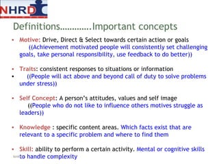 Motive:  Drive, Direct & Select towards certain action or goals   ((Achievement motivated people will consistently set challenging goals, take personal responsibility, use feedback to do better)) Traits : consistent responses to situations or information ((People will act above and beyond call of duty to solve problems under stress)) Self Concept : A person’s attitudes, values and self image  (( People who do not like to influence others motives struggle as leaders)) Knowledge  : specific content areas.  Which facts exist that are relevant to a specific problem and where to find them Skill:  ability to perform a certain activity.  Mental or cognitive skills to handle complexity Definitions………….Important concepts NHRDN 
