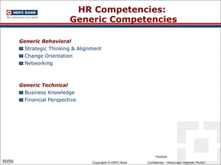HR Competencies:  Generic Competencies Generic Behavioral Strategic Thinking & Alignment  Change Orientation  Networking Generic Technical Business Knowledge Financial Perspective *NHRDN 