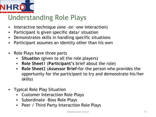 Interactive technique (one –on –one interaction) Participant is given specific data/ situation Demonstrates skills in handling specific situations Participant assumes an identity other than his own Role Plays have three parts  Situation  (given to all the role players) Role Sheet 1 ( Participant’s  brief about the role) Role Sheet 2 ( Assessor Brief- for the person who provides the opportunity for the participant to try and demonstrate his/her skills) Typical Role Play Situation Customer Interaction Role Plays Subordinate –Boss Role Plays  Peer / Third Party Interaction Role Plays Understanding Role Plays Development Center 