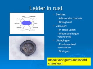 Leider in rust  Sterktes: Alles onder controle Brengt rust Valkuilen: In slaap vallen Weerstand tegen  verandering Uitdagingen: Fundamenteel  veranderen  Springen Ideaal voor getraumatiseerd chaosteam 