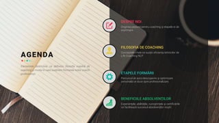 Elementele distinctive, ce definesc filosofia noastră de
coaching şi modul în care susţinem formarea noilor coachi
profesionişti.
AGENDA
DESPRE NOI
Originea pasiunii pentru coaching şi etapele ei de
exprimare.
FILOSOFIA DE COACHING
Conceptele-cheie ce susţin eficienţa tehnicilor de
Life Coaching NLP.
ETAPELE FORMĂRII
Parcursul de auto-descoperire şi optimizare
personală ce duce spre profesionalizare.
BENEFICIILE ABSOLVENŢILOR
Experienţele, abilităţile, cunoştinţele şi certificările
ce facilitează succesul absolvenţilor noştri.
 