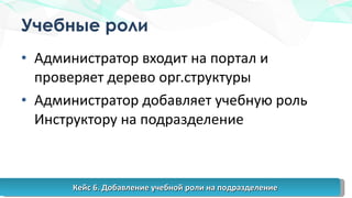 Учебные роли Администратор входит на портал и проверяет дерево орг.структуры Администратор добавляет учебную роль Инструктору на подразделение Кейс 6. Добавление учебной роли на подразделение 
