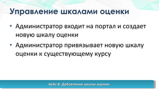 Управление шкалами оценки Администратор входит на портал и создает новую шкалу оценки Администратор привязывает новую шкалу оценки к существующему курсу Кейс 8. Добавление шкалы оценки 