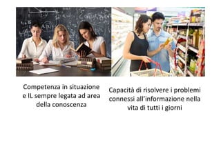 Competenza in situazione
e IL sempre legata ad area
della conoscenza
Capacità di risolvere i problemi
connessi all’informazione nella
vita di tutti i giorni
 