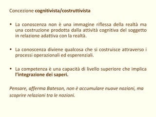 Concezione  cognitivista/costruttivista La conoscenza non è una immagine riflessa della realtà ma una costruzione prodotta dalla attività cognitiva del soggetto in relazione adattiva con la realtà. La conoscenza diviene qualcosa che si costruisce attraverso i processi operazionali ed esperenziali. La competenza è una capacità di livello superiore che implica  l’integrazione dei saperi. Pensare, afferma Bateson, non è accumulare nuove nozioni, ma scoprire relazioni tra le nozioni. 