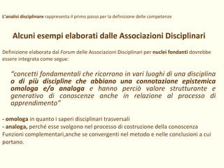 L’analisi disciplinare  rappresenta il primo passo per la definizione delle competenze Alcuni esempi elaborati dalle Associazioni Disciplinari Definizione elaborata dal  Forum  delle Associazioni Disciplinari per  nuclei fondanti  dovrebbe essere integrata come segue: “ concetti fondamentali che ricorrono in vari luoghi di una disciplina  o di più discipline che abbiano una connotazione epistemica omologa e/o analoga  e hanno perciò valore strutturante e generativo di conoscenze anche in relazione al processo di apprendimento” - omologa  in quanto i saperi disciplinari trasversali  - analoga,  perché esse svolgono nel processo di costruzione della conoscenza Funzioni complementari,anche se convergenti nel metodo e nelle conclusioni a cui portano. 