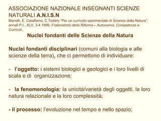ASSOCIAZIONE NAZIONALE INSEGNANTI SCIENZE NATURALI  A.N.I.S.N Manelli, E. Catalfamo, C.Todaro “Per un curricolo sperimentale di Scienze della Natura”, annali P.I., XLV, 3-4 1999 ; Il laboratorio della Riforma – Autonomia, Competenze e Curricoli., Nuclei fondanti delle Scienze della Natura Nuclei fondanti disciplinari  (comuni alla biologia e alle scienze della terra) ,  che ci permettono di individuare: l’oggetto:  i sistemi biologici e geologici e i loro livelli di scala e di  organizzazione ; la fenomenologia:  la unicità/varietà degli oggetti, la loro  natura relazionale e la loro complessità; - il processo:  l’evoluzione nel tempo e nello spazio; 