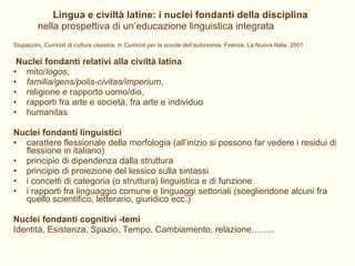 Lingua e civiltà latine: i nuclei fondanti della disciplina nella prospettiva di un’educazione linguistica integrata Stupazzini,  Curricoli di cultura classica , in  Curricoli per la scuola dell’autonomia , Firenze, La Nuova Italia, 2001 Nuclei fondanti relativi alla civiltà latina mito/ logos ,  familia/gens/polis-civitas/imperium ,  religione e rapporto uomo/dio,  rapporti fra arte e società, fra arte e individuo  humanitas Nuclei fondanti linguistici carattere flessionale della morfologia (all’inizio si possono far vedere i residui di flessione in italiano) principio di dipendenza dalla struttura principio di proiezione del lessico sulla sintassi i concetti di categoria (o struttura) linguistica e di funzione i rapporti fra linguaggio comune e linguaggi settoriali (scegliendone alcuni fra quello scientifico, letterario, giuridico ecc.) Nuclei fondanti cognitivi -temi Identità, Esistenza, Spazio, Tempo, Cambiamento, relazione…….. 