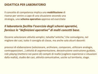 DIDATTICA PER LABORATORIO Il concetto di competenza implica una  mobilitazione  di risorse per venire a capo di una situazione secondo una strategia, uno  schema operativo  appreso ed esercitato Il laboratorio facilita l’esercizio degli schemi operativi,  fornisce le “definizioni operative” di molti concetti base . Occorre selezionare attività semplici, talvolta”antiche,”che coinvolgono, nel migliore dei casi, tutto il consiglio di classe, ma anche solo alcuni docenti: processi di elaborazione (selezionare, archiviare, comparare, utilizzare analogie, contrapposizioni…) attività di argomentazione, decostruzione costruzione guidate, role playng  (mettersi nei panni di) compiti di realtà (cogliere esperienze e situazioni dalla realtà), studio dei casi, attività comunicative, uscite sul territorio, stage. 