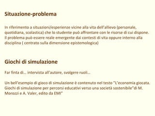 Situazione-problema In riferimento a situazioni/esperienze vicine alla vita dell’allievo (personale, quotidiana, scolastica) che lo studente può affrontare con le risorse di cui dispone.  Il problema può essere reale emergente dai contesti di vita oppure interno alla disciplina ( centrato sulla dimensione epistemologica) Giochi di simulazione Far finta di… intervista all’autore, svolgere ruoli… Un bell’esempio di gioco di simulazione è contenuto nel testo ”L’economia giocata. Giochi di simulazione per percorsi educativi verso una società sostenibile”di M. Morozzi e A. Valer, edito da EMI” 