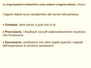 Le organizzazioni scolastiche come sistemi a legame debole  ( Weick) I legami deboli sono caratteristici dei servizi alla persona    Certezze ,  dare senso a quel che si fa    Provvisorie ,  i feedback raccolti sistematicamente mostrano che funzionano      Successive , sostituzioni con altre regole quando i segnali dell’esperienza lo rendono necessario 
