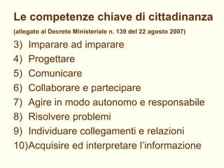 Le competenze chiave di cittadinanza (allegato al Decreto Ministeriale n. 139 del 22 agosto 2007)   Imparare ad imparare Progettare Comunicare Collaborare e partecipare Agire in modo autonomo e responsabile Risolvere problemi Individuare collegamenti e relazioni Acquisire ed interpretare l’informazione 