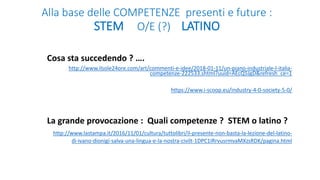 Alla base delle COMPETENZE presenti e future :
STEM O/E (?) LATINO
Cosa sta succedendo ? ….
http://www.ilsole24ore.com/art/commenti-e-idee/2018-01-11/un-piano-industriale-l-italia-
competenze-222533.shtml?uuid=AEcQ5JgD&refresh_ce=1
https://www.i-scoop.eu/industry-4-0-society-5-0/
La grande provocazione : Quali competenze ? STEM o latino ?
http://www.lastampa.it/2016/11/01/cultura/tuttolibri/il-presente-non-basta-la-lezione-del-latino-
di-ivano-dionigi-salva-una-lingua-e-la-nostra-civilt-1DPC1IRrvusrmvaMXzsRDK/pagina.html
 