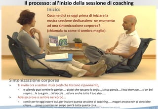 Slide n°: 16Empatia e Focusing …nella relazione di coaching © Riproduzione riservata Leonardo Milan - Professional Coach (ACC-ICF)
Il processo: inizio della sessione e sintonizzazione corporea
Inizio:
Cosa ne dici se oggi prima di iniziare la
nostra sessione dedicassimo un momento
ad una sintonizzazione corporea?
Sintonizzazione corporea
 Ti invito ora a sentire i tuoi piedi che toccano il pavimento,
 e salendo puoi sentire le gambe....i glutei che toccano la sedia....la tua pancia....il tuo stomaco.....si un bel
respiro....la tua gola.....le braccia....ed ora anche tutto il tuo viso......
 Adesso prova a sentire nel corpo...
 com’è per te oggi essere qui, per iniziare questa sessione di coaching......magari ancora non ci sono idee
chiare......prova a sentire nel corpo com'è tutta questa cosa.......
Fonte foto: Focusing e ascolto di Olga Pasquini
 