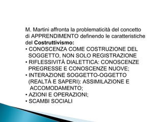 M. Martini affronta la problematicità del concetto
di APPRENDIMENTO definendo le caratteristiche
del Costruttivismo:
• CONOSCENZA COME COSTRUZIONE DEL
  SOGGETTO, NON SOLO REGISTRAZIONE
• RIFLESSIVITÀ DIALETTICA: CONOSCENZE
  PREGRESSE E CONOSCENZE NUOVE;
• INTERAZIONE SOGGETTO-OGGETTO
  (REALTÀ E SAPERI): ASSIMILAZIONE E
   ACCOMODAMENTO;
• AZIONI E OPERAZIONI;
• SCAMBI SOCIALI
 