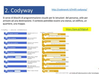 2. Codyway http://codeweek.it/lm05-codyway/
Si serve di blocchi di programmazione visuale per le istruzioni del percorso, utile per
arrivare ad una destinazione. Il contesto potrebbe essere una stanza, un edificio, un
quartiere, una mappa.
https://goo.gl/5QgIuA
 