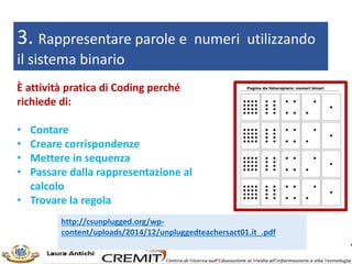 3. Rappresentare parole e numeri utilizzando
il sistema binario
È attività pratica di Coding perché
richiede di:
• Contare
• Creare corrispondenze
• Mettere in sequenza
• Passare dalla rappresentazione al
calcolo
• Trovare la regola
http://csunplugged.org/wp-
content/uploads/2014/12/unpluggedteachersact01.it_.pdf
 