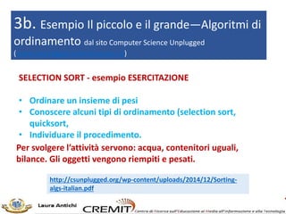 3b. Esempio Il piccolo e il grande—Algoritmi di
ordinamento dal sito Computer Science Unplugged
(www.unplugged.canterbury.ac.nz)
SELECTION SORT - esempio ESERCITAZIONE
• Ordinare un insieme di pesi
• Conoscere alcuni tipi di ordinamento (selection sort,
quicksort,
• Individuare il procedimento.
http://csunplugged.org/wp-content/uploads/2014/12/Sorting-
algs-italian.pdf
Per svolgere l’attività servono: acqua, contenitori uguali,
bilance. Gli oggetti vengono riempiti e pesati.
 