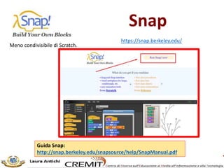 Snap
Guida Snap:
http://snap.berkeley.edu/snapsource/help/SnapManual.pdf
https://snap.berkeley.edu/
Meno condivisibile di Scratch.
 