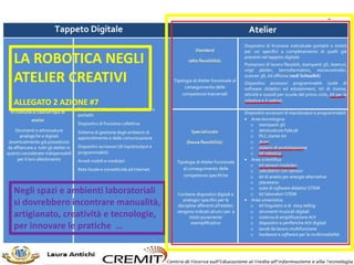 Perché utilizzare la
robotica nei diversi
gradi di istruzione?
• Usare i Robot per facilitare l’apprendimento
sollecitando l’interesse.
• Avvicinare gli studenti ad un’idea: che gli oggetti
si possono programmare per svolgere un lavoro,
sia esso di gioco o di servizio.
• Sviluppare il pensiero computazionale e
competenze situate/trasversali.
• Capacità di vedere gli errori nelle procedure e di
correggerli.
• Vedere e pensare gli altri come interlocutori
referenti e destinatari (valore sociale della
conoscenza e dell’apprendimento).
 