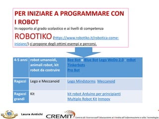 OBIETTIVO
CHE GLI STUDENTI SVILUPPINO LA
CONSAPEVOLEZZA DI POTER MODIFICARE GI
OGGETTI E LA CAPACITÀ DI FARLO
1. Un setting variabile con isole di lavoro e postazioni
riconfigurabili.
2. Zona specializzata per la modellazione tridimensionale
(scanner 3D, software 3D, LIM con videoproiettore 3D,
Stampante 3D).
3. Zona specializzata per la robotica educativa (kit robotica).
4. un tappeto digitale composto da una rete Wireless in vista
di utilizzazione Byod.
DOTAZIONI DI REALIZZAZIONE
 