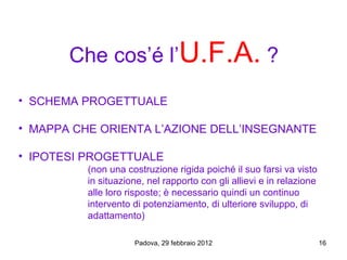 Che cos’é l’U.F.A. ?
• SCHEMA PROGETTUALE

• MAPPA CHE ORIENTA L’AZIONE DELL’INSEGNANTE

• IPOTESI PROGETTUALE
          (non una costruzione rigida poiché il suo farsi va visto
          in situazione, nel rapporto con gli allievi e in relazione
          alle loro risposte; è necessario quindi un continuo
          intervento di potenziamento, di ulteriore sviluppo, di
          adattamento)

                     Padova, 29 febbraio 2012                          16
 