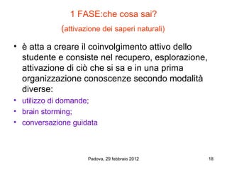 1 FASE:che cosa sai?
             (attivazione dei saperi naturali)

• è atta a creare il coinvolgimento attivo dello
  studente e consiste nel recupero, esplorazione,
  attivazione di ciò che si sa e in una prima
  organizzazione conoscenze secondo modalità
  diverse:
• utilizzo di domande;
• brain storming;
• conversazione guidata



                     Padova, 29 febbraio 2012       18
 