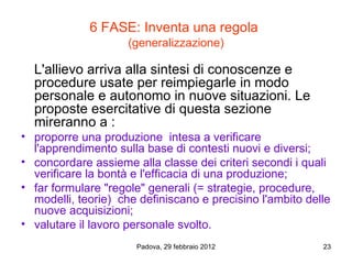 6 FASE: Inventa una regola
                     (generalizzazione)

  L'allievo arriva alla sintesi di conoscenze e
  procedure usate per reimpiegarle in modo
  personale e autonomo in nuove situazioni. Le
  proposte esercitative di questa sezione
  mireranno a :
• proporre una produzione intesa a verificare
  l'apprendimento sulla base di contesti nuovi e diversi;
• concordare assieme alla classe dei criteri secondi i quali
  verificare la bontà e l'efficacia di una produzione;
• far formulare "regole" generali (= strategie, procedure,
  modelli, teorie) che definiscano e precisino l'ambito delle
  nuove acquisizioni;
• valutare il lavoro personale svolto.
                      Padova, 29 febbraio 2012             23
 