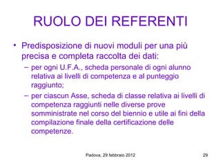 RUOLO DEI REFERENTI
• Predisposizione di nuovi moduli per una più
  precisa e completa raccolta dei dati:
  – per ogni U.F.A., scheda personale di ogni alunno
    relativa ai livelli di competenza e al punteggio
    raggiunto;
  – per ciascun Asse, scheda di classe relativa ai livelli di
    competenza raggiunti nelle diverse prove
    somministrate nel corso del biennio e utile ai fini della
    compilazione finale della certificazione delle
    competenze.


                      Padova, 29 febbraio 2012              29
 