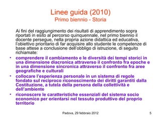 Linee guida (2010)
                       Primo biennio - Storia

  Ai fini del raggiungimento dei risultati di apprendimento sopra
  riportati in esito al percorso quinquennale, nel primo biennio il
  docente persegue, nella propria azione didattica ed educativa,
  l’obiettivo prioritario di far acquisire allo studente le competenze di
  base attese a conclusione dell’obbligo di istruzione, di seguito
  richiamate:
• comprendere il cambiamento e le diversità dei tempi storici in
  una dimensione diacronica attraverso il confronto fra epoche e
  in una dimensione sincronica attraverso il confronto fra aree
  geografiche e culturali
• collocare l’esperienza personale in un sistema di regole
  fondato sul reciproco riconoscimento dei diritti garantiti dalla
  Costituzione, a tutela della persona della collettività e
  dell’ambiente
• riconoscere le caratteristiche essenziali del sistema socio
  economico per orientarsi nel tessuto produttivo del proprio
  territorio

                           Padova, 29 febbraio 2012                     5
 