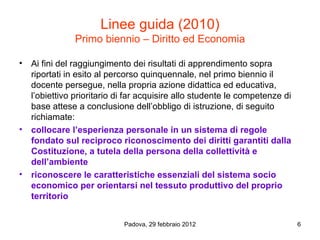 Linee guida (2010)
              Primo biennio – Diritto ed Economia

• Ai fini del raggiungimento dei risultati di apprendimento sopra
  riportati in esito al percorso quinquennale, nel primo biennio il
  docente persegue, nella propria azione didattica ed educativa,
  l’obiettivo prioritario di far acquisire allo studente le competenze di
  base attese a conclusione dell’obbligo di istruzione, di seguito
  richiamate:
• collocare l’esperienza personale in un sistema di regole
  fondato sul reciproco riconoscimento dei diritti garantiti dalla
  Costituzione, a tutela della persona della collettività e
  dell’ambiente
• riconoscere le caratteristiche essenziali del sistema socio
  economico per orientarsi nel tessuto produttivo del proprio
  territorio


                            Padova, 29 febbraio 2012                        6
 