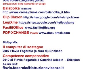 114
Flavio Fogarolo
Dove trovare i programmi gratuiti:
Si trovano tutti molto facilmente con Google
Balabolka in italiano:
http://www.cross-plus-a.com/balabolka_it.htm
Clip Claxon http://sites.google.com/site/clipclaxon
LegiXme https://sites.google.com/site/leggixme
FacilitOffice www.facilitoffice.org
PDF-XCHANGE Viewer www.docu-track.com
Bibliografia:
Il computer di sostegno
2007 Flavio Fogarolo (a cura di) Erickson
Competenze compensative
2010 di Flavio Fogarolo e Caterina Scapin - Erickson
La mia mail:
flavio.fogarolo@istruzionevicenza.it
 
