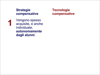 24
Flavio Fogarolo
Strategie
compensative
Tecnologie
compensative
1
Vengono spesso
acquisite, e anche
individuate,
autonomamente
dagli alunni.
 