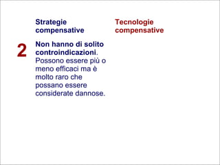 26
Flavio Fogarolo
Strategie
compensative
Tecnologie
compensative
2
Non hanno di solito
controindicazioni.
Possono essere più o
meno efficaci ma è
molto raro che
possano essere
considerate dannose.
 