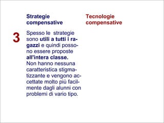 28
Flavio Fogarolo
Strategie
compensative
Tecnologie
compensative
3
Spesso le strategie
sono utili a tutti i ra-
gazzi e quindi posso-
no essere proposte
all'intera classe.
Non hanno nessuna
caratteristica stigma-
tizzante e vengono ac-
cettate molto più facil-
mente dagli alunni con
problemi di vario tipo.
 