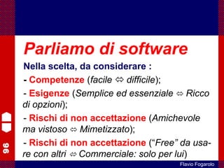96
Flavio Fogarolo
Parliamo di software
Nella scelta, da considerare :
- Competenze (facile  difficile);
- Esigenze (Semplice ed essenziale  Ricco
di opzioni);
- Rischi di non accettazione (Amichevole
ma vistoso  Mimetizzato);
- Rischi di non accettazione (“Free” da usa-
re con altri  Commerciale: solo per lui)
 