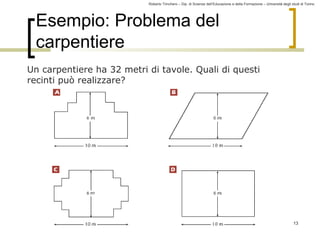 Roberto Trinchero – Dip. di Scienze dell’Educazione e della Formazione – Università degli studi di Torino 
13 
Esempio: Problema del 
carpentiere 
Un carpentiere ha 32 metri di tavole. Quali di questi 
recinti può realizzare? 
 