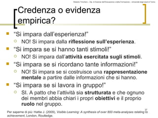 Roberto Trinchero – Dip. di Scienze dell’Educazione e della Formazione – Università degli studi di Torino 
37 
Credenza o evidenza 
empirica? 
 “Si impara dall’esperienza!” 
 NO! Si impara dalla riflessione sull’esperienza. 
 “Si impara se si hanno tanti stimoli!” 
 NO! Si impara dall’attività esercitata sugli stimoli. 
 “Si impara se si ricordano tante informazioni!” 
 NO! Si impara se si costruisce una rappresentazione 
mentale a partire dalle informazioni che si hanno. 
 “Si impara se si lavora in gruppo!” 
 SI. A patto che l’attività sia strutturata e che ognuno 
dei membri abbia chiari i propri obiettivi e il proprio 
ruolo nel gruppo. 
Per saperne di più: Hattie J. (2009), Visible Learning: A synthesis of over 800 meta-analyses relating to 
achievement, London, Routledge. 
 