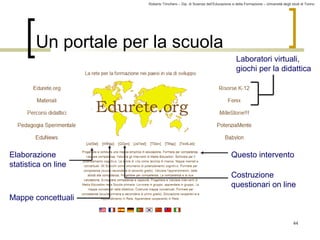 Roberto Trinchero – Dip. di Scienze dell’Educazione e della Formazione – Università degli studi di Torino 
44 
Un portale per la scuola 
Laboratori virtuali, 
giochi per la didattica 
Costruzione 
questionari on line 
Elaborazione 
statistica on line 
Mappe concettuali 
Questo intervento 
 
