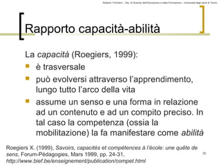 Roberto Trinchero – Dip. di Scienze dell’Educazione e della Formazione – Università degli studi di Torino 
70 
Rapporto capacità-abilità 
La capacità (Roegiers, 1999): 
 è trasversale 
 può evolversi attraverso l’apprendimento, 
lungo tutto l’arco della vita 
 assume un senso e una forma in relazione 
ad un contenuto e ad un compito preciso. In 
tal caso la competenza (ossia la 
mobilitazione) la fa manifestare come abilità 
Roegiers X. (1999), Savoirs, capacités et compétences à l’école: une quête de 
sens, Forum-Pédagogies, Mars 1999, pp. 24-31, 
http://www.bief.be/enseignement/publication/compet.html 
 