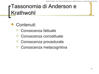 Roberto Trinchero – Dip. di Scienze dell’Educazione e della Formazione – Università degli studi di Torino 
74 
Tassonomia di Anderson e 
Krathwohl 
 Contenuti: 
 Conoscenza fattuale 
 Conoscenza concettuale 
 Conoscenza procedurale 
 Conoscenza metacognitiva 
 