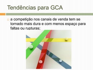 Tendências para GCA
 a competição nos canais de venda tem se
tornado mais dura e com menos espaço para
faltas ou rupturas;
 