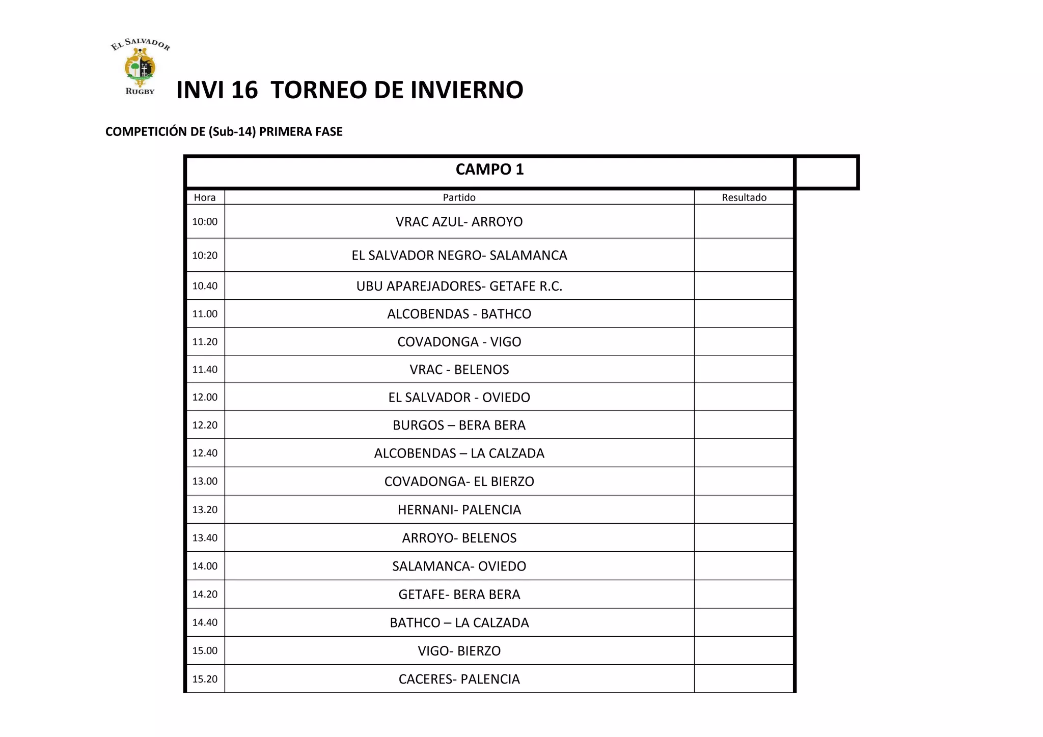 INVI 16 TORNEO DE INVIERNO
COMPETICIÓN DE (Sub-14) PRIMERA FASE
CAMPO 1
Hora Partido Resultado
10:00 VRAC AZUL- ARROYO
10:20 EL SALVADOR NEGRO- SALAMANCA
10.40 UBU APAREJADORES- GETAFE R.C.
11.00 ALCOBENDAS - BATHCO
11.20 COVADONGA - VIGO
11.40 VRAC - BELENOS
12.00 EL SALVADOR - OVIEDO
12.20 BURGOS – BERA BERA
12.40 ALCOBENDAS – LA CALZADA
13.00 COVADONGA- EL BIERZO
13.20 HERNANI- PALENCIA
13.40 ARROYO- BELENOS
14.00 SALAMANCA- OVIEDO
14.20 GETAFE- BERA BERA
14.40 BATHCO – LA CALZADA
15.00 VIGO- BIERZO
15.20 CACERES- PALENCIA
 