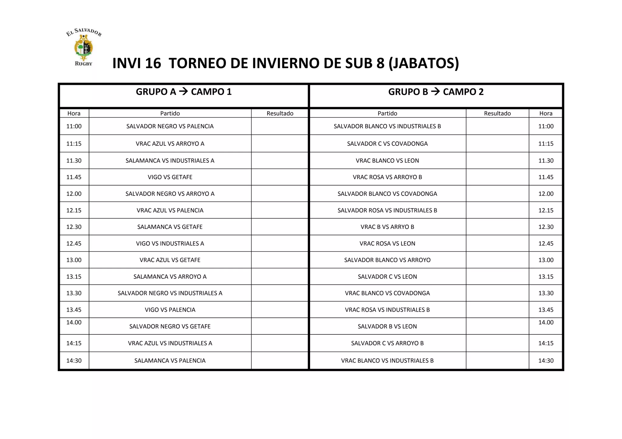 INVI 16 TORNEO DE INVIERNO DE SUB 8 (JABATOS)
GRUPO A  CAMPO 1 GRUPO B  CAMPO 2
Hora Partido Resultado Partido Resultado Hora
11:00 SALVADOR NEGRO VS PALENCIA SALVADOR BLANCO VS INDUSTRIALES B 11:00
11:15 VRAC AZUL VS ARROYO A SALVADOR C VS COVADONGA 11:15
11.30 SALAMANCA VS INDUSTRIALES A VRAC BLANCO VS LEON 11.30
11.45 VIGO VS GETAFE VRAC ROSA VS ARROYO B 11.45
12.00 SALVADOR NEGRO VS ARROYO A SALVADOR BLANCO VS COVADONGA 12.00
12.15 VRAC AZUL VS PALENCIA SALVADOR ROSA VS INDUSTRIALES B 12.15
12.30 SALAMANCA VS GETAFE VRAC B VS ARRYO B 12.30
12.45 VIGO VS INDUSTRIALES A VRAC ROSA VS LEON 12.45
13.00 VRAC AZUL VS GETAFE SALVADOR BLANCO VS ARROYO 13.00
13.15 SALAMANCA VS ARROYO A SALVADOR C VS LEON 13.15
13.30 SALVADOR NEGRO VS INDUSTRIALES A VRAC BLANCO VS COVADONGA 13.30
13.45 VIGO VS PALENCIA VRAC ROSA VS INDUSTRIALES B 13.45
14.00
SALVADOR NEGRO VS GETAFE SALVADOR B VS LEON
14.00
14:15 VRAC AZUL VS INDUSTRIALES A SALVADOR C VS ARROYO B 14:15
14:30 SALAMANCA VS PALENCIA VRAC BLANCO VS INDUSTRIALES B 14:30
 