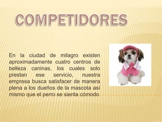 En la ciudad de milagro existen
aproximadamente cuatro centros de
belleza caninas, los cuales solo
prestan ese servicio, nuestra
empresa busca satisfacer de manera
plena a los dueños de la mascota así
mismo que el perro se sienta cómodo
 